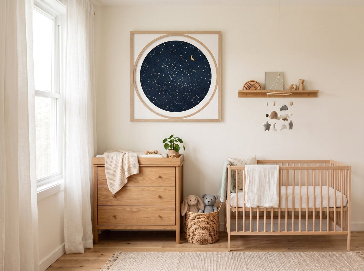 De Geboorteposter - warme nursery met rond sterrenkaart-kunstwerk