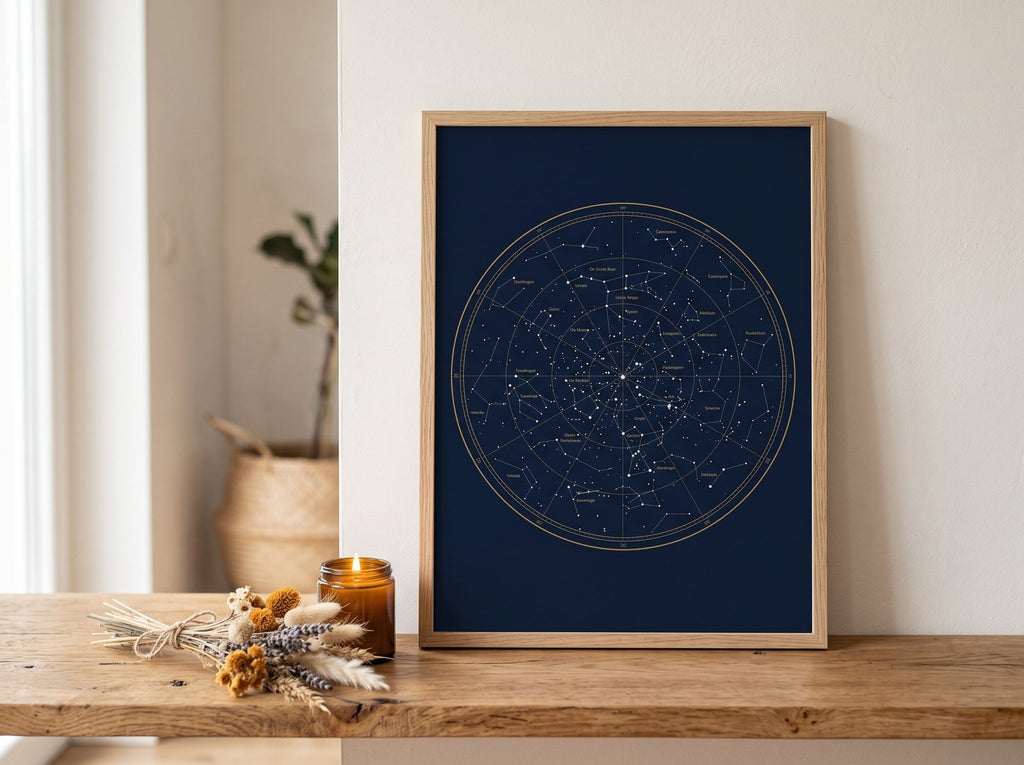De Geboorteposter - voorbeeld ronde sterrenkaart in lichte houten lijst