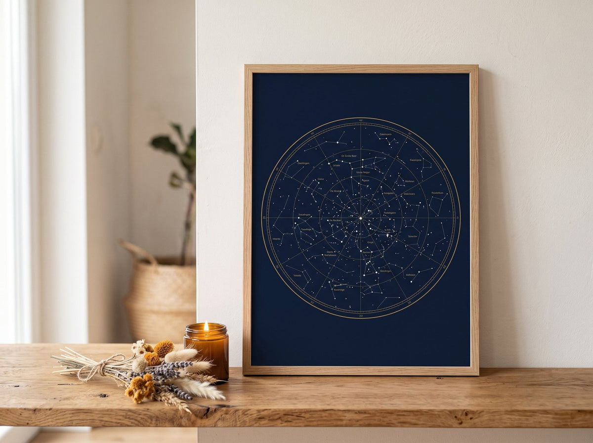 De Geboorteposter - voorbeeld ronde sterrenkaart in lichte houten lijst
