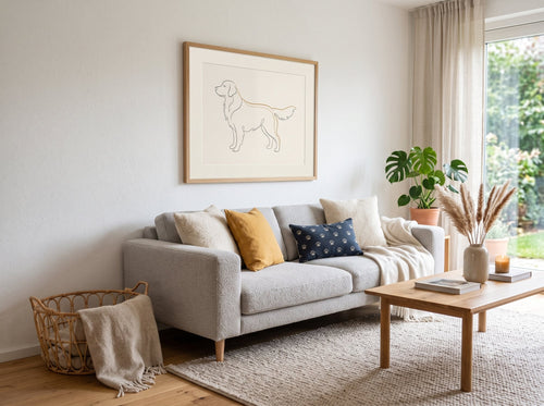 Het Huisdierportret - Scandinavische woonkamer met ingelijste hondenillustratie