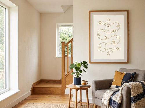 De Mijlpalenposter - warm interieur met ingelijst levenspad-kunstwerk