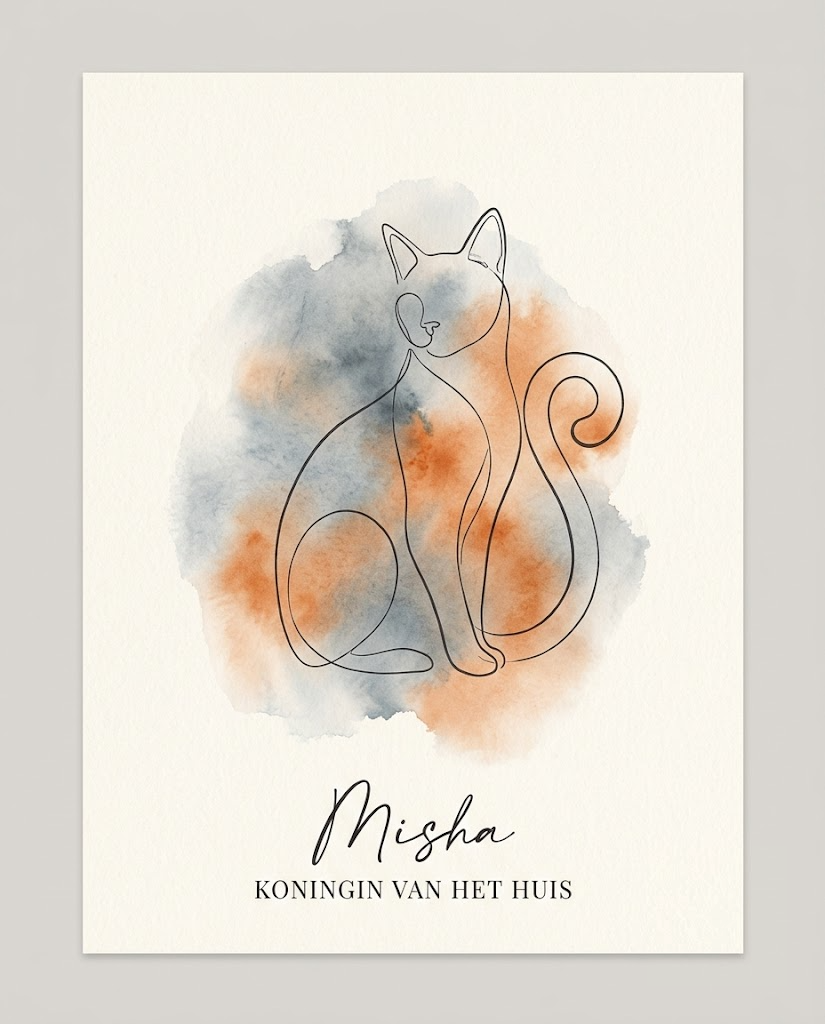 Tweede voorbeeldontwerp Huisdierportret: kat Misha, lijnillustratie met aquarel