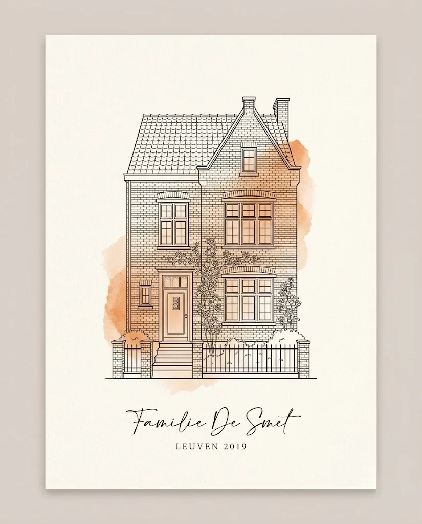 Het huis waar het begon: woningportret van Familie Janssens, Gent 2018, in lijnillustratie aan een lichte muur
