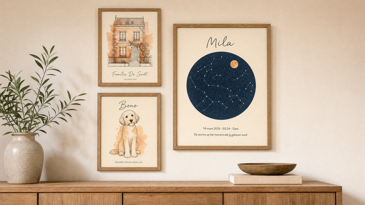 Framed illustrations of a house, a dog and a birth poster above a wooden sideboard.